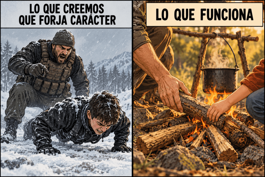 Viñeta comparativa entre un instructor que grita a un adolescente y las manos de un adulto y un niño cocinando juntos al fuego.