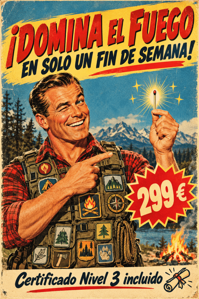 Anuncio retro satírico de un curso de fuego de fin de semana.