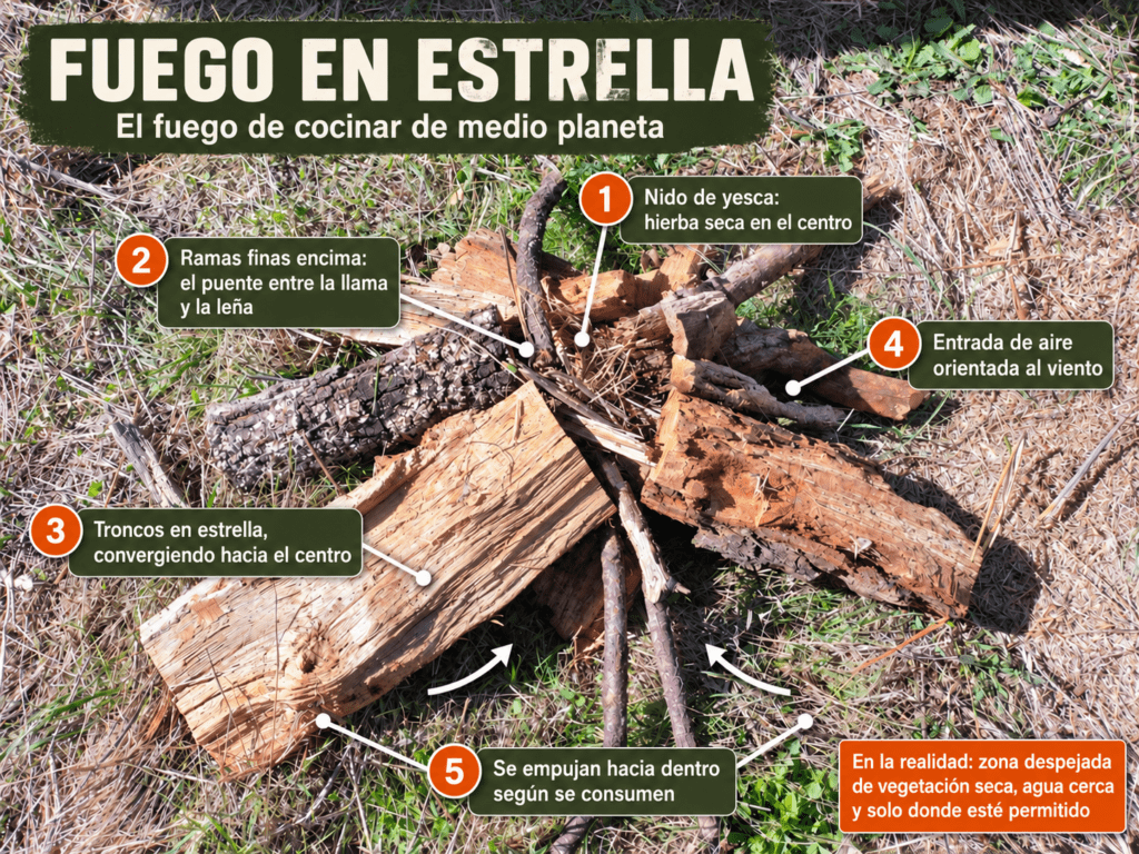 Infografía del fuego en estrella: nido de yesca central, ramas finas, troncos convergentes, entrada de aire al viento y troncos que se empujan hacia dentro.