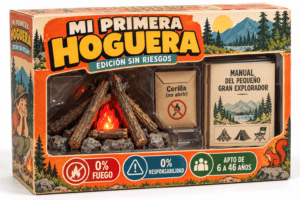 Parodia de caja de juguete de una hoguera de plástico sin riesgos.