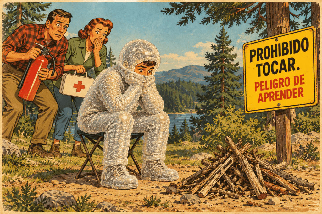 Ilustración satírica de un adolescente envuelto en plástico de burbujas junto a una señal que prohíbe tocar la leña.